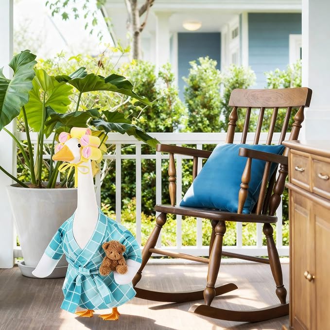 Shyyween Lady Porch Goose Outfit for 23'' Cement Plastic Lawn Goose Statue Clothes Bathrobe Bear Curlers for Outdoor Garden Yard Patio Decoration