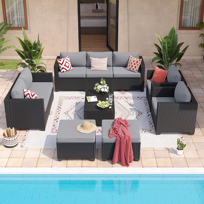 Aoxun 10 Piece Outdoor Patio Furniture Set 9 Seats, Outdoor Sectional with Thick Waterproof Cushions, Patio Conversation Sets for Garden,Backyard, Porch, Balcony, Deck, Black & Gray