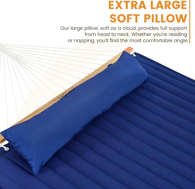 Lazy Daze Hammocks 2 Person Portable Hammock with 12FT Stand for Outside, 10.5FT Quilted Double Hammock with Spreader Bar and Detachable Pillow, 450lbs Capacity for Outdoor Patio, Navy Blue