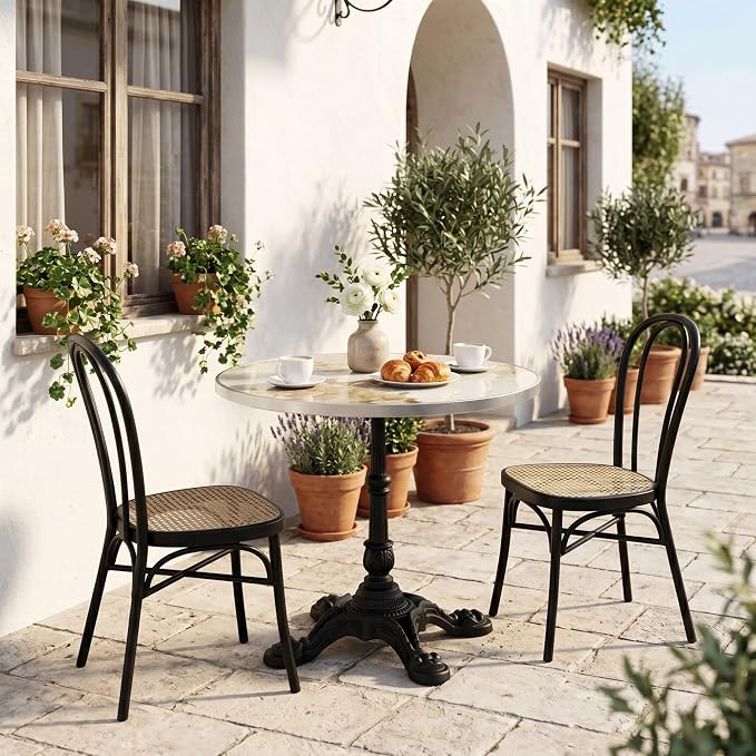 31.5 Inch Round Outdoor Patio Dining Table, Sintered Stone Bistro Table with Cast Iron Pedestal Base for Balcony Garden Poolside Cafe, Seats 2 to 4, Ivory Marble