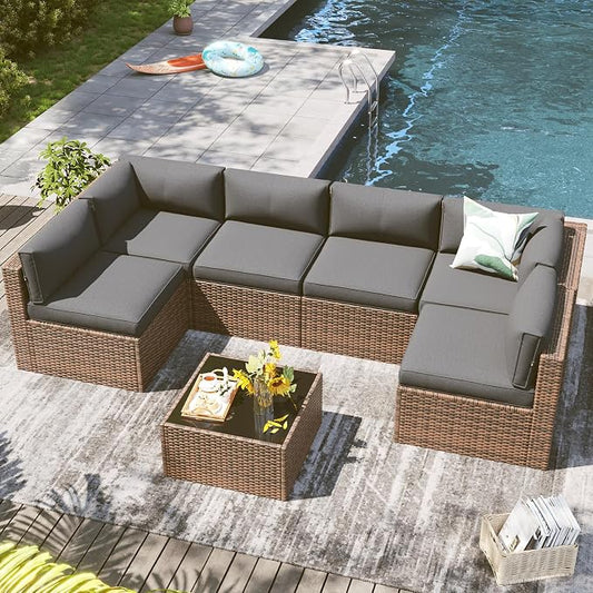LazySunsets 7 Piece Outdoor Patio Furniture Set with Coffee Table, Outdoor Patio Furniture Sets with Thicken Cushion, Wicker Rattan Outdoor Conversation Set for Backyard & Garden, Grey