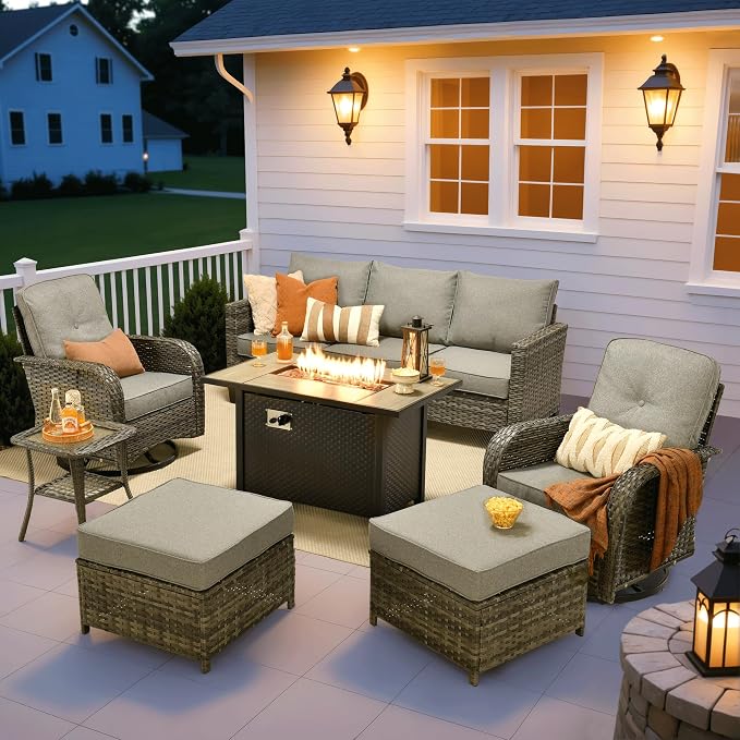 ovios 7 Pieces Patio Furniture Set, Outdoor Wicker Sofa Couch with Swivel Glider Chairs Fire Pit Table, Modern Deep Seat Rattan Conversation Sets for Deck Porch, Dark Grey
