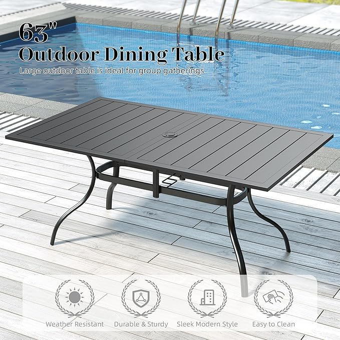 7pcs Patio Furniture Set, Outdoor Dining Table and Chairs Set | 63" Rectangle Metal Patio Table, 4pcs Textilene Dining Chairs, 2pcs Swivel Textilene Chairs, Double-sized Umbrella Hole