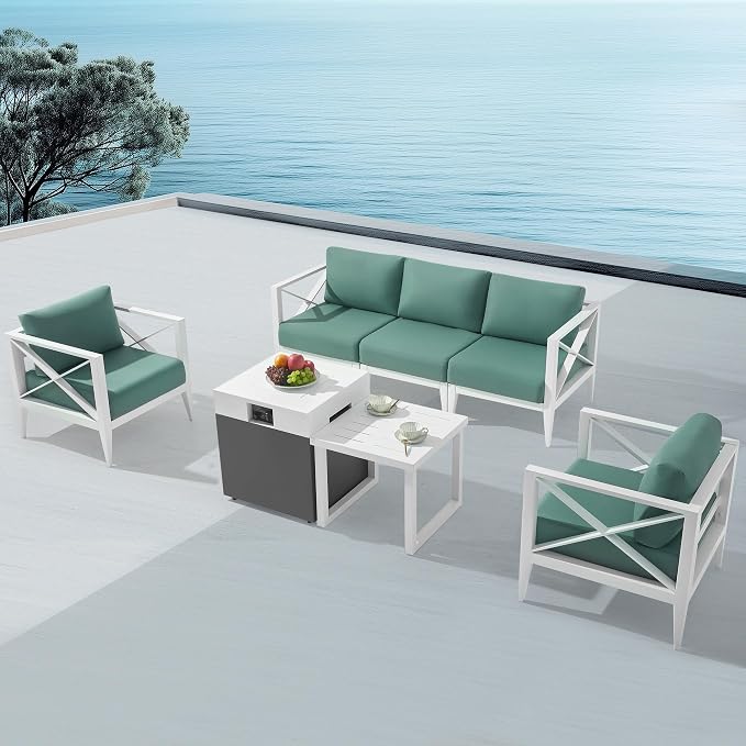 Outdoor Aluminum Patio Furniture Set, 5-Seats Patio Conversation Sofa Set with 37,000 BTU Fire Pit Table w/Glass Wind Guard, All Weather for Pool, Balcony, Garden-White