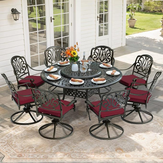 9-Piece Patio Furniture Dining Set, Cast Aluminum Outdoor Conversation Set- 61" Round Patio Dining Table with Detachable Lazy Susan & 8 Cushioned Swivel Rocker, Umbrella Hole, Chili Red