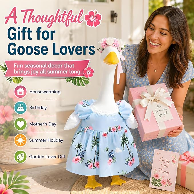 Funny 2 Pack Hawaiian Porch Goose Outfit for 17/23 Inch Lawn Geese Statue, Tropical Palm Floral Summer Dress & Flower Lei Headband Set, Aloha Style Goose Costume for Outdoor Yard Patio Garden Décor