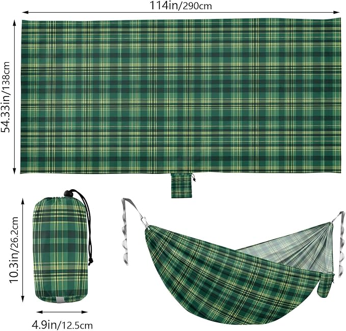 Camping Hammock Outdoor Hammocks for Outside Check Plaid Green 2 Beach Trees Portable Lightweight with Pockets Tree Straps Indoor