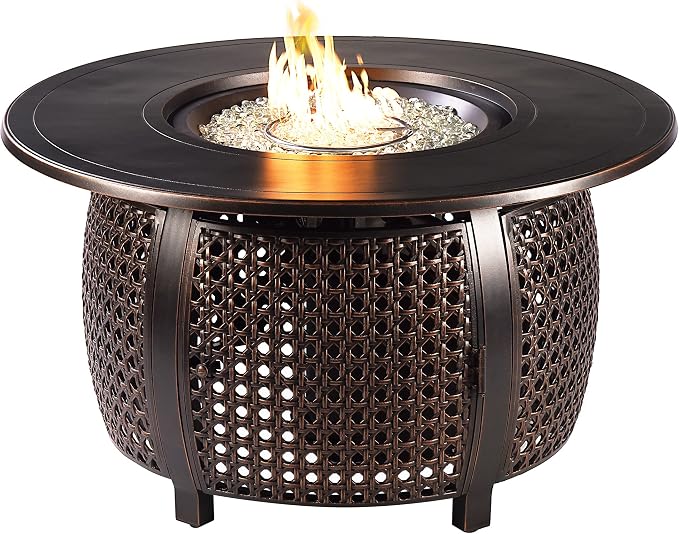 Oakland Living Black Aluminum Patio Fire Table Set with Four Club Chairs and Red Cushions