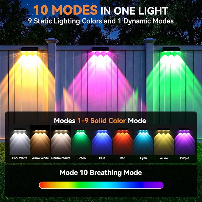 Solar Fence Lights Outdoor 6 Pack, Upgraded Brightness 3X LED Lens Fence Lights Solar Powered, 9 Fixed Colors & RGB Lights, IP65 Waterproof Solar Lights for Outside Backyard/Railing/Step/Patio