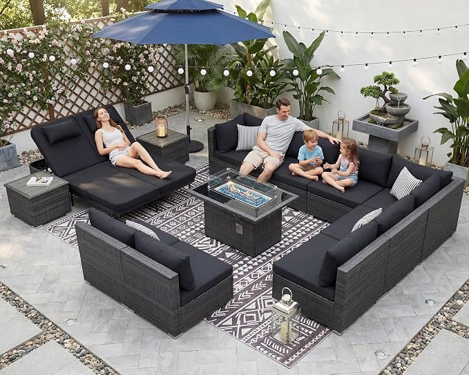 NICESOUL 13 Piece Outdoor Sectional with Fire Pit Table, All-Weather Wicker Modular Patio Furniture Set with Firepit & Chaise Lounge, Large Deep Sitting for Backyard, Deck, Grey & Black