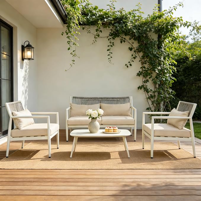 Outdoor Patio Furniture Set, 4 Seats Outdoor Sectional with Coffee Table, Patio Conversation Sets with PE Rope, Outdoor Sectional Sofa with Thick Cushions for Balcony, Porch (White)