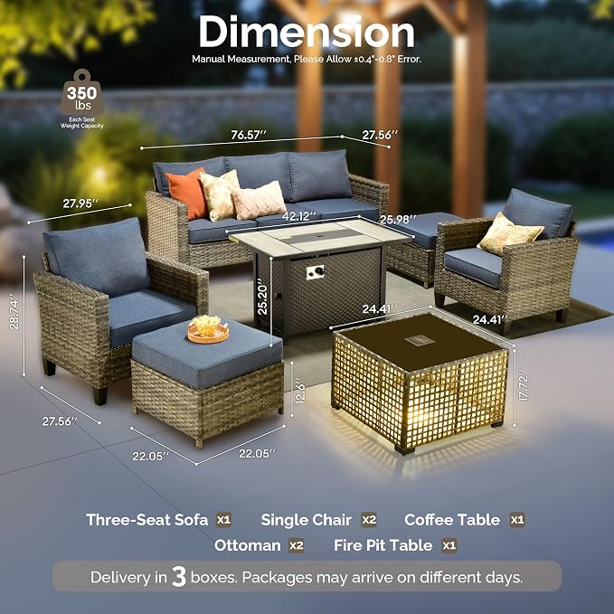 7 Piece Wicker Patio Furniture Set with Firepit Table, Denim Blue | Outdoor Deep Seating Sofa Chair Ottoman, Firepit, Solar Lights Table, Modern Conversation Set, Porch Deck Backyard