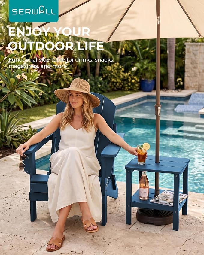 SERWALL Double Layer Adirondack Side Table with Umbrella Hole, HIPS Outdoor Side Table Rectangular End Tables for Patio, Poolside, Garden, Blue