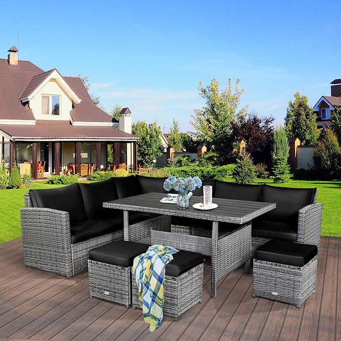Tangkula Patio Furniture Set for 6, 7 Piece All Weather Heavy Duty PE Wicker Sectional Sofa with Dining Table and Ottomans, Rattan Conversation Set for Backyard, Deck, Poolside