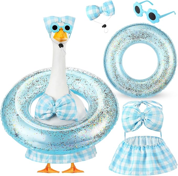 Bikini Porch Goose Outfits with Sunglasses and Swimming Tube for 23" Summer Goose Costume Garden Patio Statue Decor(Blue Plaid)