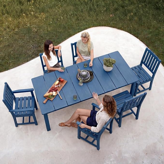 Perli™ 7-Piece Outdoor Dining Set, All-Weather HDPE Patio Table and 6 Chairs with Umbrella Hole, UV-Resistant Composite Wood Dining Furniture for Deck, Backyard, Poolside, Blue