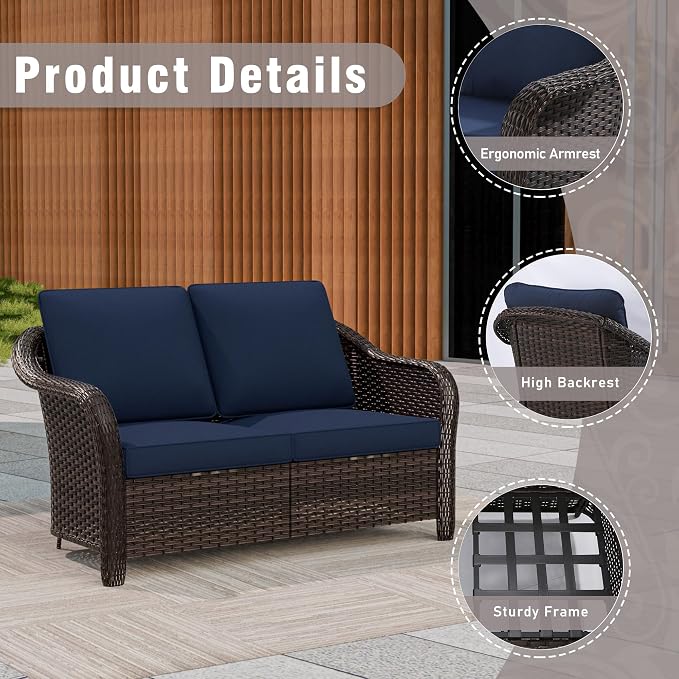 7 Piece Patio Wicker Conversation Set, 2 All-Weather Use Outdoor Wicker Loveseat with 2 PE Rattan Ottomans,2 Chair, 1 Side Table, Ideal for Porch, Backyard, Balcony, Poolside, Blue