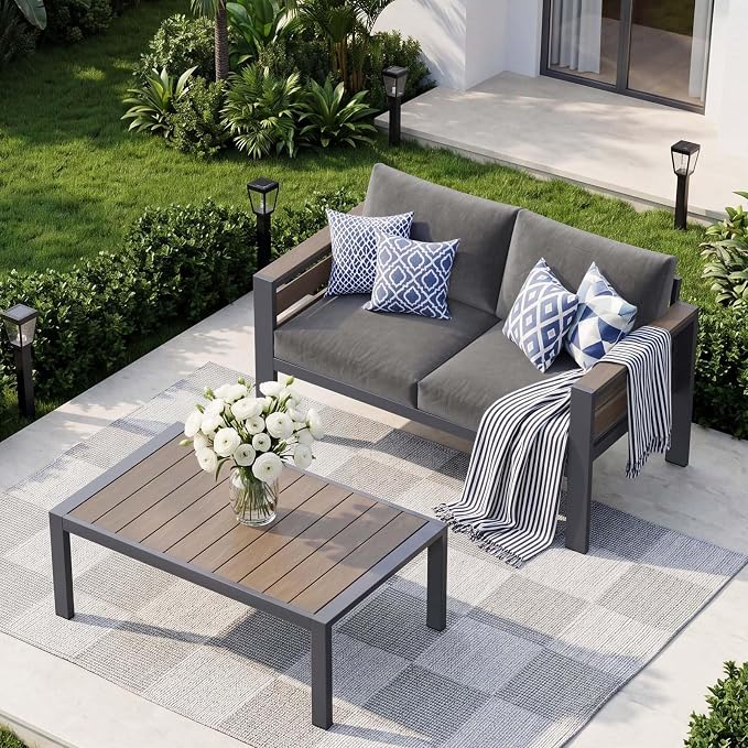 DoCred Aluminum Loveseat Sofa with Coffee Table for Patio Furniture Set | Patio Conversation Set Outdoor Sofa Set for Porch, Balcony, Deck, Yard, Poolside