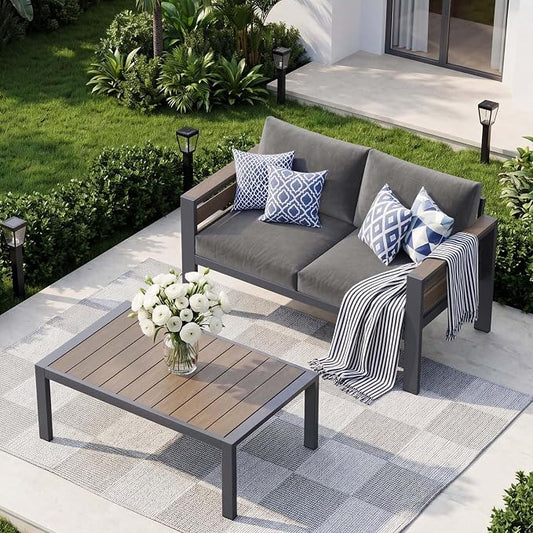 DoCred Aluminum Loveseat Sofa with Coffee Table for Patio Furniture Set | Patio Conversation Set Outdoor Sofa Set for Porch, Balcony, Deck, Yard, Poolside