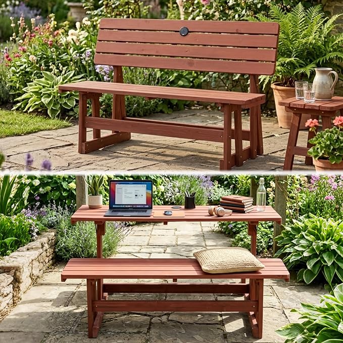 KEIKI 2-in-1 Convertible Wood Picnic Table & Bench with Umbrella Hole | 2-in-1 folding bench and picnic table with umbrella hole, solid wood frame, 500 lb bench capacity