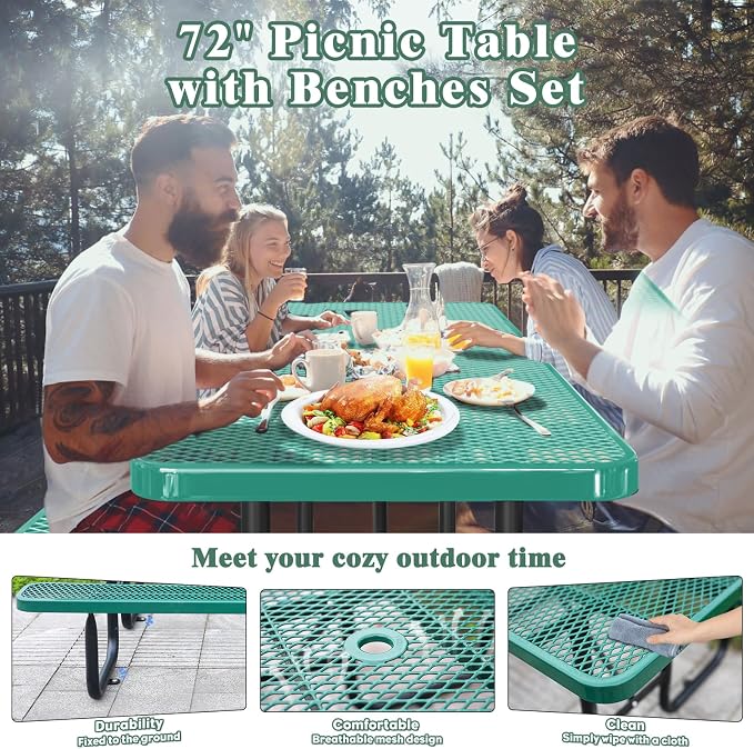 6FT/72IN Heavy Duty Outdoor Picnic Table and 2 Benches for 4-8 People, Weather Resistant Rectangular Steel Picnic Table Set with Umbrella Hole for Yard Patio Lawn Party Green