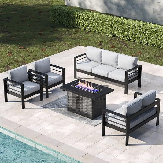 5 Pieces Aluminum Outdoor Patio Furniture Set with Fire Pit Table, Modern Metal Conversation Sofa Set with Deep Seating