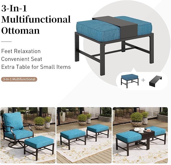 SUNSHINE VALLEY 5 Piece Metal Outdoor Patio Furniture Set, Patio Conversation Sets 3-seater Sofa, 2 Fixed Chair, 2 Ottomans with 5.75" Thick Cushion, Black All-weather Frame Backyard Furniture, Blue-2