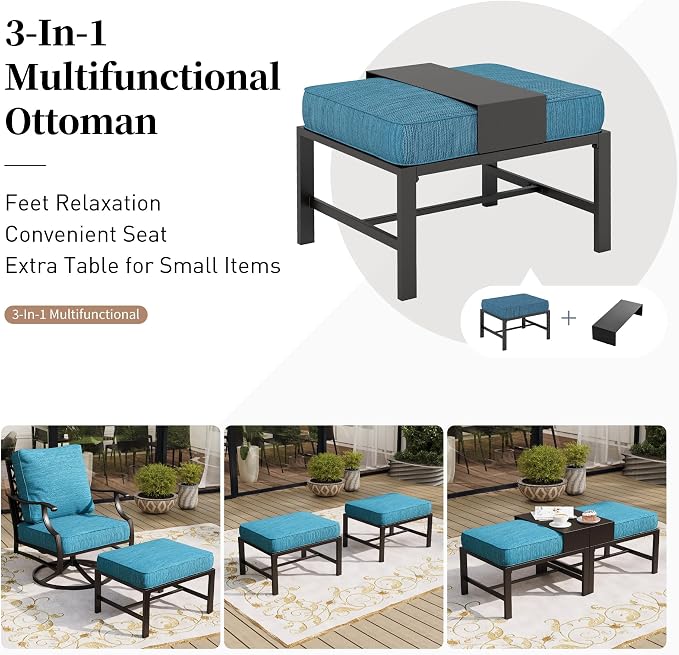 SUNSHINE VALLEY 7 Piece Metal Outdoor Patio Furniture Set, Patio Conversation Sets 3-seater Sofa, 2 Fixed Chairs, 2 Swivel Chairs, 2 Ottomans with 5.75" Thick Cushion, Black Backyard Furniture, Blue-2