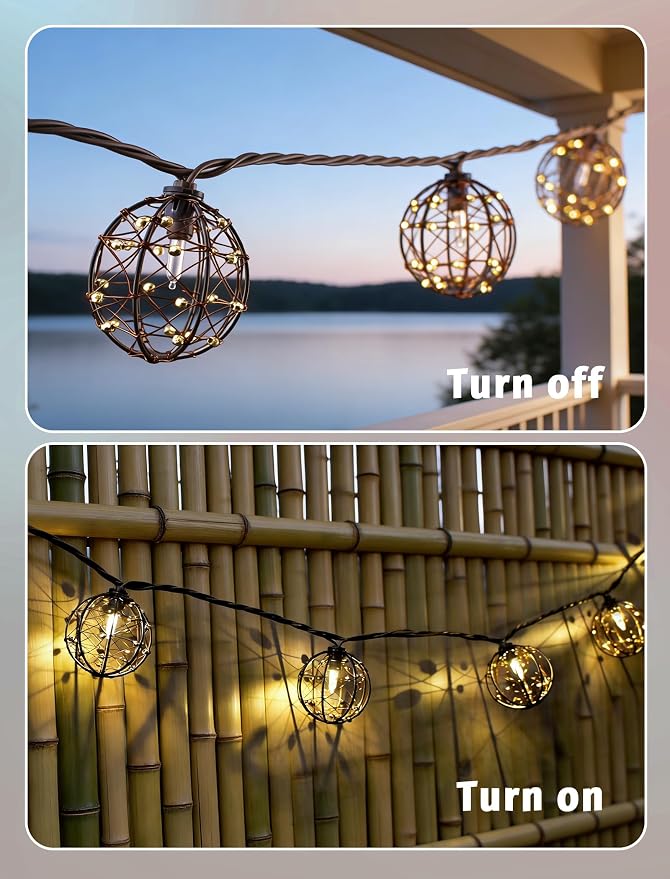 8.5Ft Outdoor Decor Patio Lights,10L Beaded Copper Wire Ball Lantern Lights | Connectable Weather-Resistant Indoor Outdoor Boho String Lights for Home Pergola Campings Porch Party Backyard