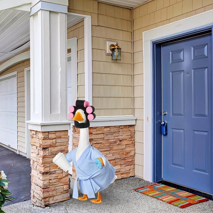 Shyyween Lady Porch Goose Outfits 23 Inch Light Blue Bathrobe Porch Goose Outfit with Curlers Coffee Cup Lawn Geese Clothes for Cement Plastic Statue