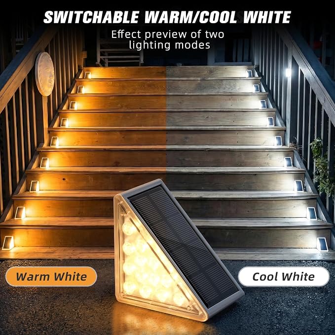 Solar Step Lights 6 Pack - Outdoor Stair Lights with 3000K Warm White & 6000K Cool Daylight, IP67 Waterproof, Auto On/Off, Super Bright for Deck, Patio, Steps