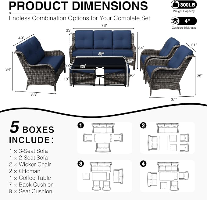 Joyside 7 Piece Wicker Patio Furniture Set, Rattan Patio Chairs with High Back, Deep Seating, Wide Armrest, Thickened Cushions, Outdoor Furniture for Deck, Porch Use