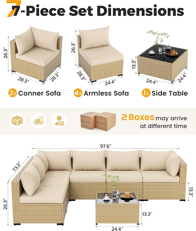 UDPATIO Furniture Set, 7 Piece Sectional Sofas with Wicker Coffee Table, Conversation for Garden, Backyard, Yellow/Beige