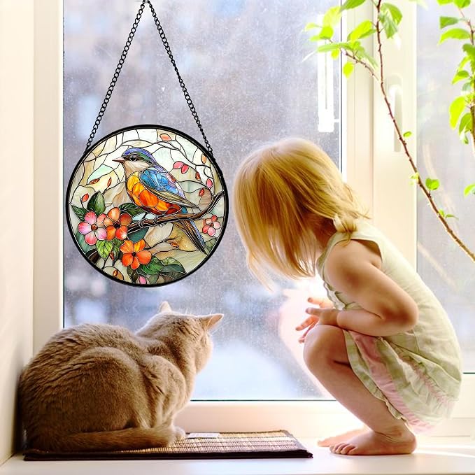 DASTOLL Stained Glass Window Hanging, Blue Bird Pink Flower Suncatcher Diamond Glass Panel Bird Sun Catchers Decor for Birthday for Women, Men, Wife, Aunt, and Mom 11.8x11.8 in