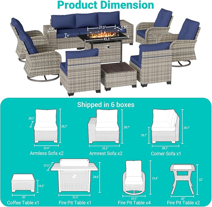 13-Piece Outdoor Patio Furniture Set with Rocking Swivel Chair, PE Wicker Rattan Sectional Sofa Patio Conversation Set with 55,000 BTU Fire Pit Table & Chunky Arms, Navy Blue