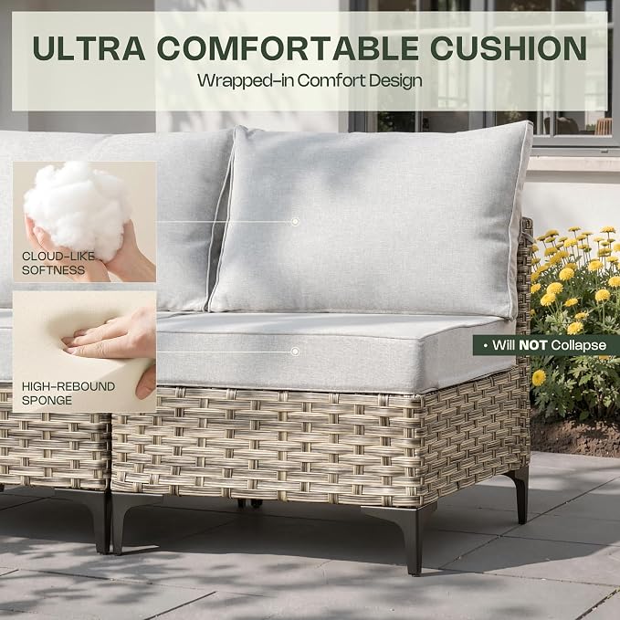11 Piece Patio Furniture Set Outdoor Sectional with 54" Fire Pit Table, Swivel Rocking Chairs and L-Shaped Rattan Couch, Modular Conversation Set with Solar Coffee Table for Deck, Light Gray