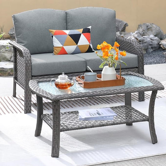 ovios 2-Piece Patio Furniture Set, Outdoor Wicker Sofa with Coffee Table, High Back Rattan Couch Loveseat with Comfy Cushions for Porch Yard Deck, Dark Grey