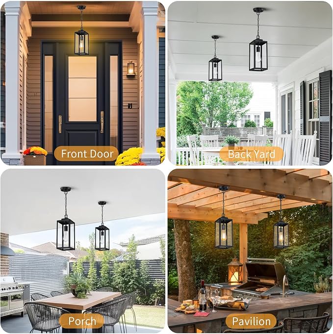 15'' Outdoor Pendant Light, Outside Chandelier Hanging Lantern, Black | Large, with Clear Glass, 1 Pack, Modern Exterior Pendant Lighting Fixture Ceiling Mount for Porch, Entryway