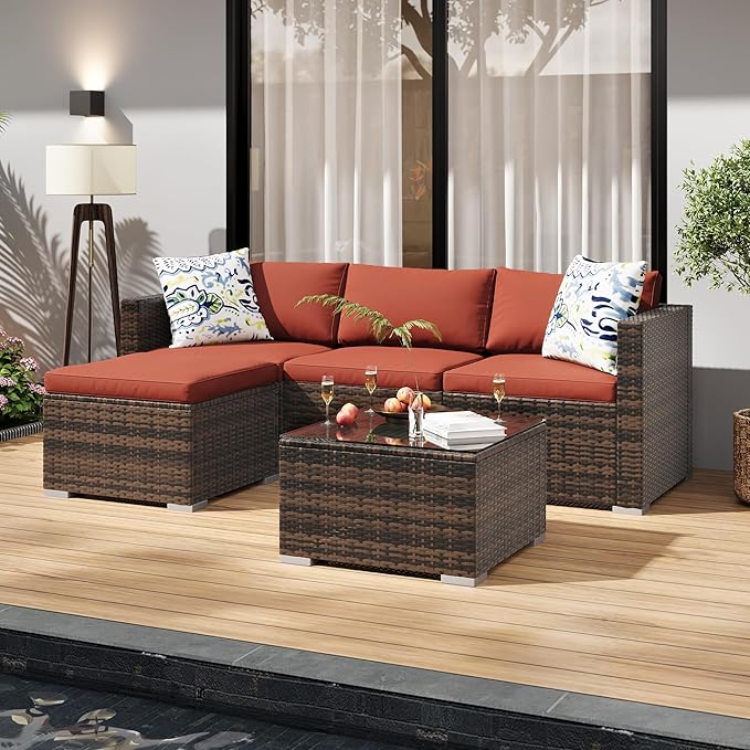 PeakPursuit Outdoor Patio Furniture Set, 5 Pieces Rattan Patio Conversation Sets with Glass Coffee Table and Cushion,All Weather Outdoor Patio Sofa for Garden, Poolside, Backyard,Orange