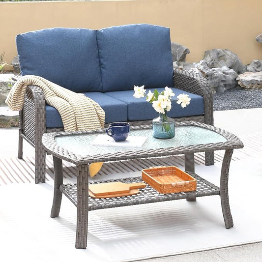 ovios 2-Piece Patio Furniture Set, Outdoor Wicker Sofa with Coffee Table, High Back Rattan Couch Loveseat with Comfy Cushions for Porch Yard Deck, Denim Blue