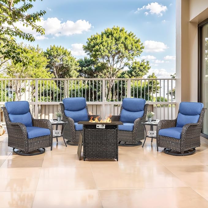 Outdoor Swivel Rocker Patio Chairs Set of 4 with Fire Table - 5" Thick Cushion 6 Piece Furniture Set with Fire Pit Table All Weather Wicker Conversation Set for Porch Deck - Brown/Blue