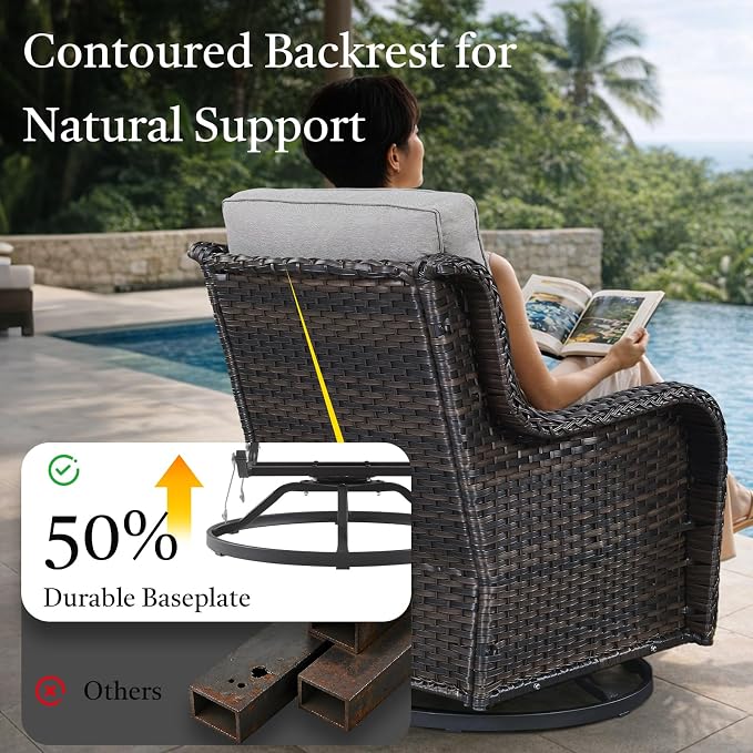 Outdoor Swivel Rocker Patio Chairs with Side Table 3 Pieces PE Wicker Patio Furniture Set for Porch Deck Balcony Garden-Brown/Beige