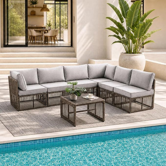 7 Piece Outdoor Patio Furniture Set, Wicker Sectional Sofa,Thick Cushions, All Weather Rattan Conversation Sets with Arm Chairs and Coffee Table for Backyard, Porch, Balcony, Deck, Garden