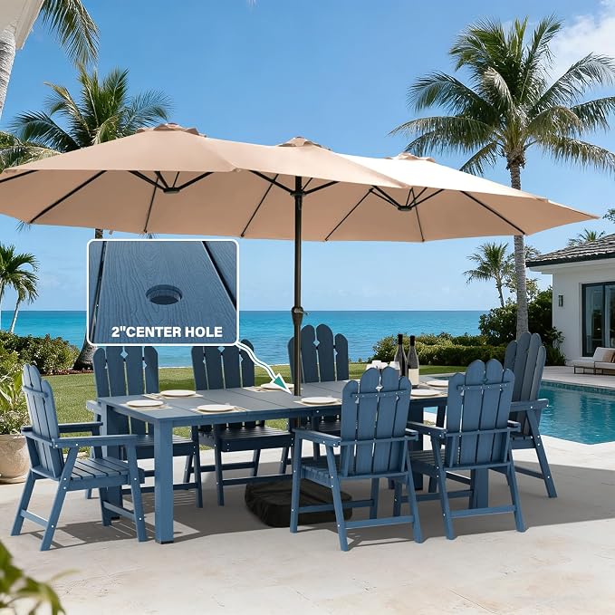 9 Piece HDPE Outdoor Dining Set for 8, Patio Table Chairs,Navy | 89.4” table,8 person outdoor table and chairs set, fade resistant HDPE, strong structure built for backyard entertaining