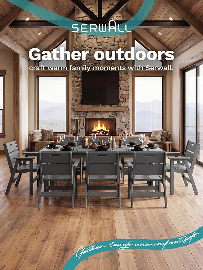 SERWALL 7 Piece HDPE Patio Dining Set, 76 Inch Outdoor Dining Table with 6 Chairs, All Weather Resistant Heavy Duty Outdoor Furniture with Umbrella Hole for Garden Backyard Deck, Gray