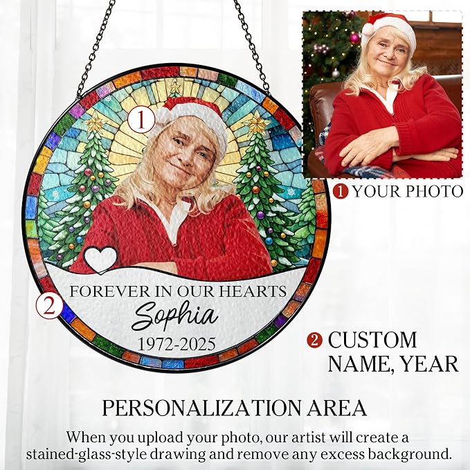 Personalized Memorial Photo Suncatcher – “Forever in Our Hearts” Christmas Ornament – in Loving Memory Gift for Mom or Grandma from Family – Custom Photo Remembrance Keepsake