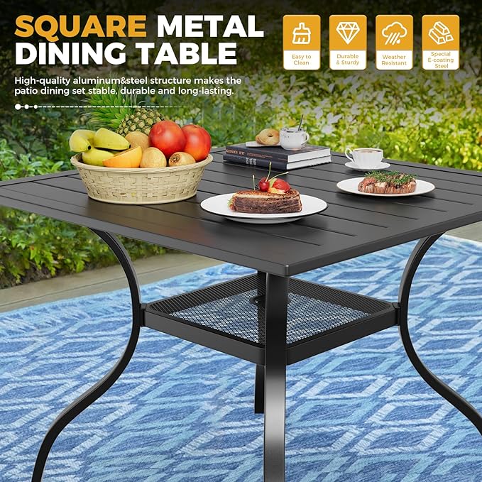 5-Piece Patio Dining Set with Umbrella,4 Person Outdoor Table and Chairs Set, 4 Metal Dining Chairs and Square Outdoor Table with 1.57" Umbrella Hole,Black
