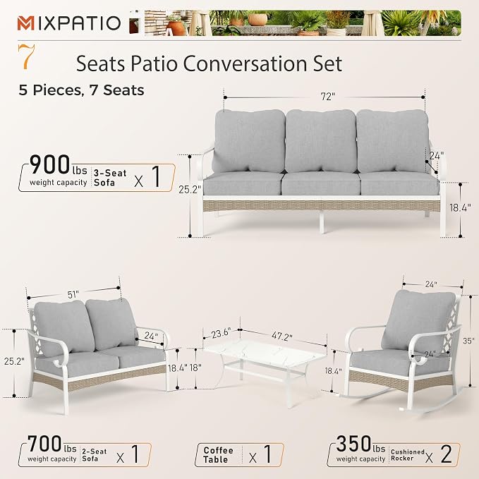 MIXPATIO 5 Piece Patio Furniture Set, 2 x Rocking Chair, 1 x 2-Seat Sofa, 1 x 3-Seat Sofa with Marbling Coffee Table, 7 Seats Outdoor Conversation Set for Lawn Garden Backyard, Light Gray
