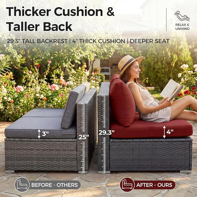 NICESOUL Backyard Furniture Set with Firepits Natural Gas/Propane, 12 Seater XL Oversized Wicker Sectional Couches, 29.3'' High Back Comfy Deep Wide Outdoor Patio Sofa Set, 2 Color Cushion Red & Gray