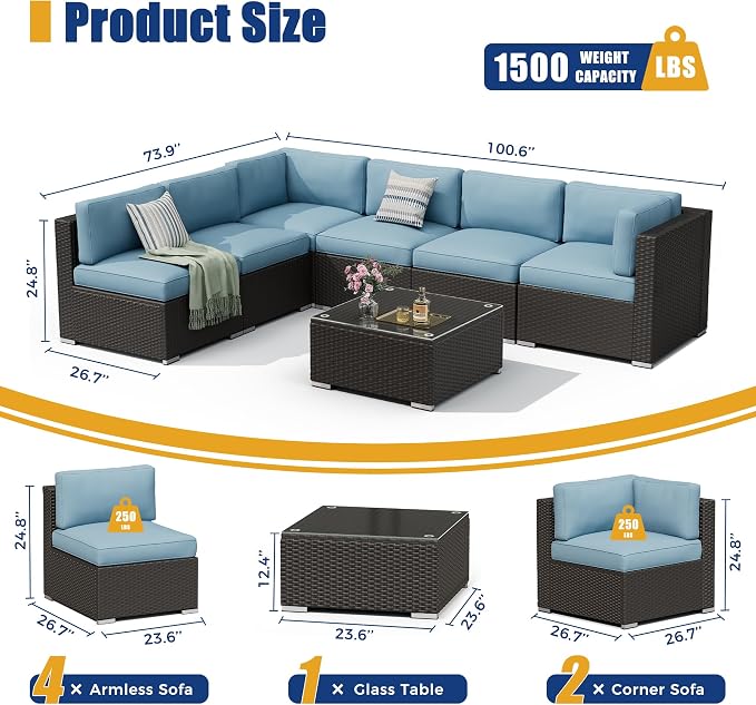 7 Pieces Outdoor Patio Furniture Set, Black Brown Wicker Patio Sectional Sofa Set, Outdoor Couch with Cushion and Tempered Glass Table, Sky Blue